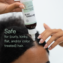 Load image into Gallery viewer, Woman applying Dermazen Calming Seborrheic Serum to her scalp, with text “Safe for (curly, kinky, flat, and/or color treated) hair.”
