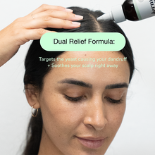 Load image into Gallery viewer, Woman applying Dermazen Calming Seborrheic Serum to her scalp, text: “Dual Relief Formula: Targets the yeast causing your dandruff + Soothes your scalp right away.”
