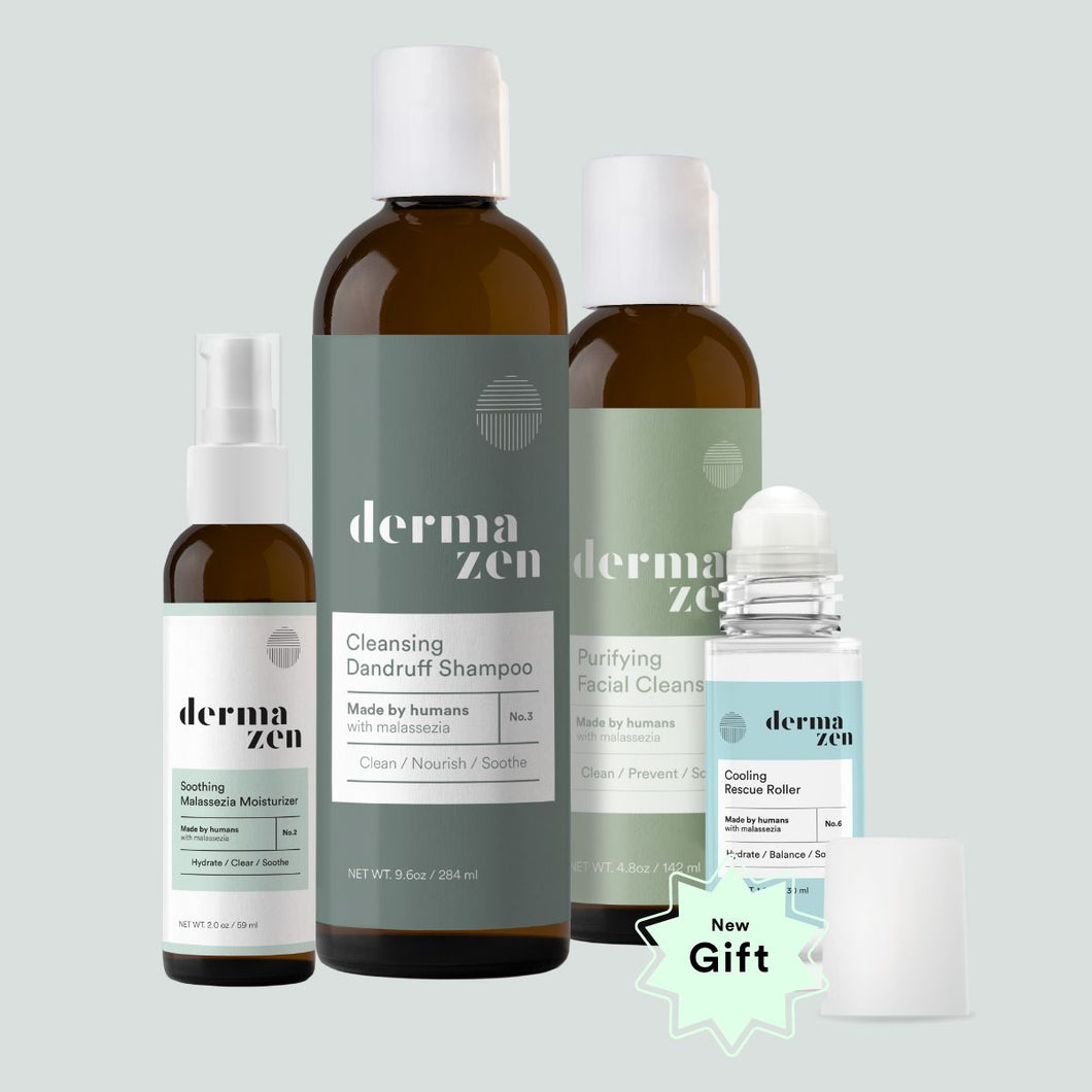 Dermazen product line including Soothing Malassezia Moisturizer, Cleansing Dandruff Shampoo, Purifying Facial Cleanser, and Cooling Rescue Roller with a “New Gift” label.